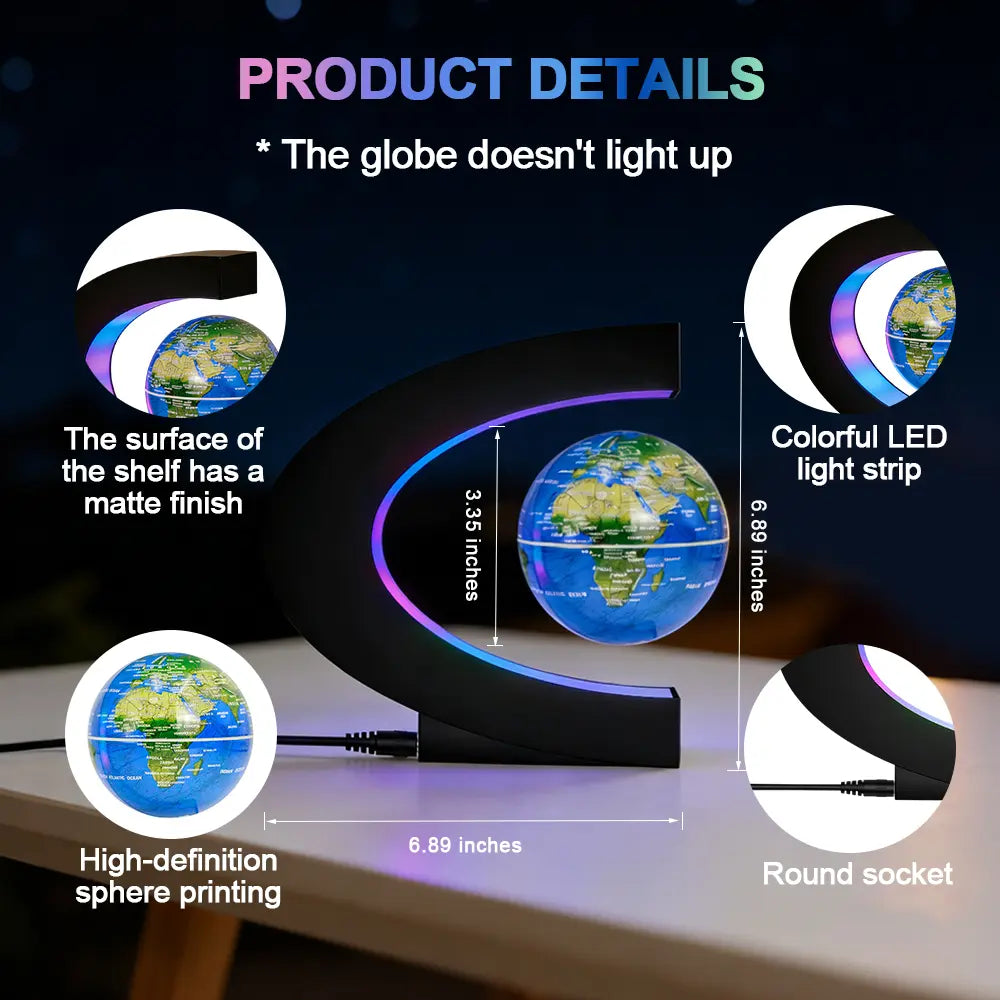 Magnetic Levitating Globe, C-Shaped Stand with Gradient Color LED Light, High Definition World Map, Modern Tech Desktop Decor, Unique Birthday Holiday Gift for Men Women