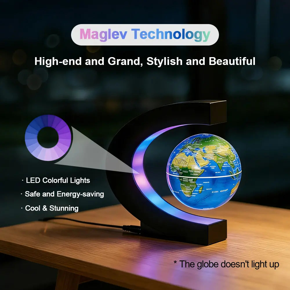Magnetic Levitating Globe, C-Shaped Stand with Gradient Color LED Light, High Definition World Map, Modern Tech Desktop Decor, Unique Birthday Holiday Gift for Men Women