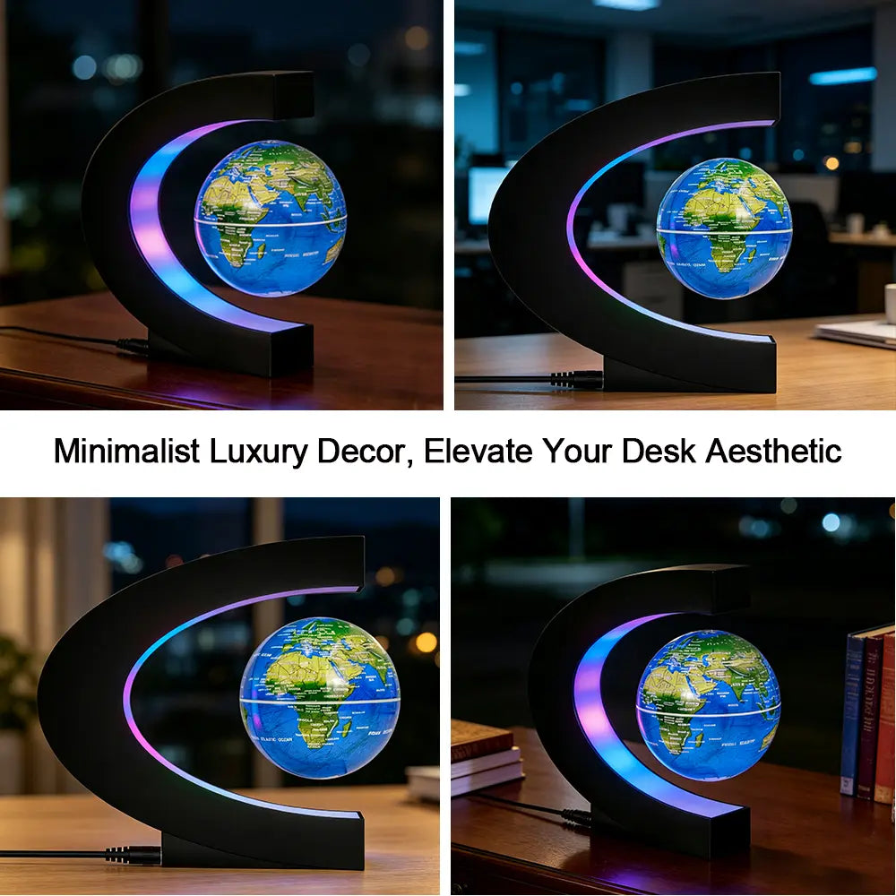Magnetic Levitating Globe, C-Shaped Stand with Gradient Color LED Light, High Definition World Map, Modern Tech Desktop Decor, Unique Birthday Holiday Gift for Men Women